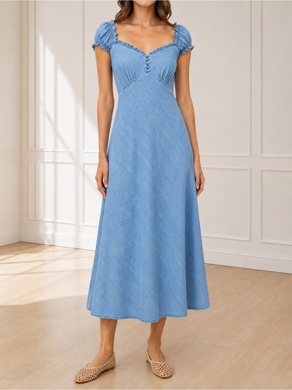 NWT GAP Eaton Denim Maxi Dress Size XL Light Wash Cotton Ruffle Cottagecore Boho